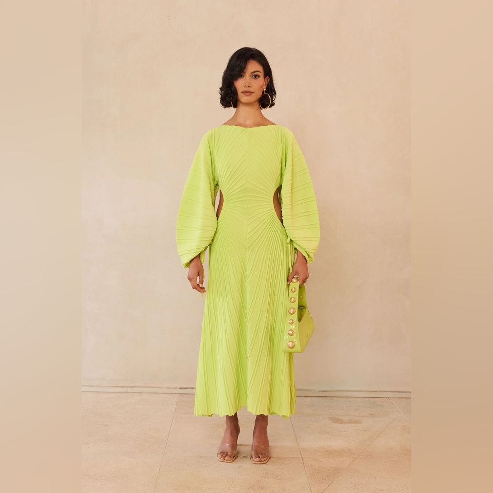 Cult Gaia Simena Knit Dress Mantis Green/Chartreuse Cut Out Puff Sleeve Size S